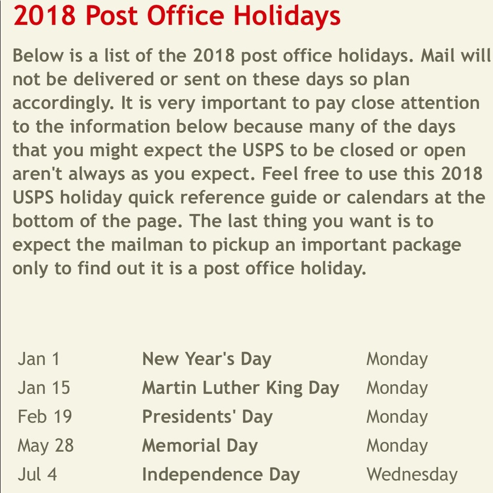 POST OFFICE HOLIDAY LIST/DATES NO PACKAGES GO OUT